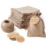 Wholesale Custom Logo Nature Color Jute Pouch Gift Jewelry Packing Storage Hessian Hemp Drawstring Bag with Card